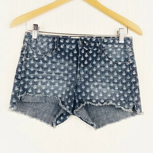 RACHEL ROY | Printed Denim Raw Edge Shorts 25